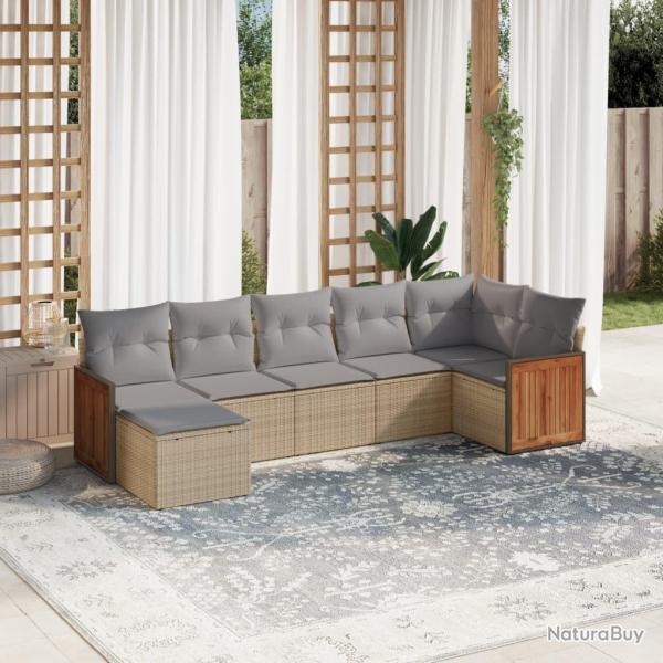 Salon de jardin avec coussins 7 pcs beige r�sine tress�e