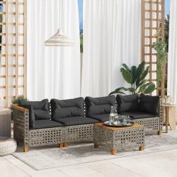 Salon de jardin 5 pcs avec coussins gris r&eacute;sine tress&eacute;e