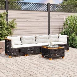 Salon de jardin 5 pcs avec coussins noir r&eacute;sine tress&eacute;e