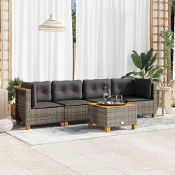 Salon de jardin 5 pcs avec coussins gris r&eacute;sine tress&eacute;e