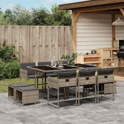 Ensemble &agrave; manger de jardin 11pcs avec coussins gris poly rotin
