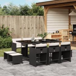 Ensemble &agrave; manger de jardin 11 pcs coussins noir r&eacute;sine tress&eacute;e