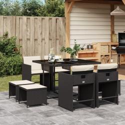 Ensemble &agrave; manger de jardin 9pcs coussins noir r&eacute;sine tress&eacute;e