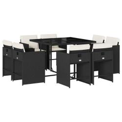 Ensemble &agrave; manger de jardin 9pcs coussins noir r&eacute;sine tress&eacute;e