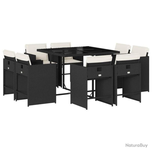Ensemble � manger de jardin 9pcs coussins noir r�sine tress�e