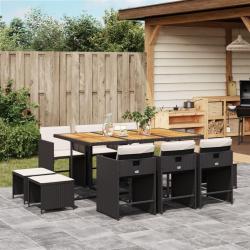Ensemble &agrave; manger de jardin 11 pcs coussins noir r&eacute;sine tress&eacute;e
