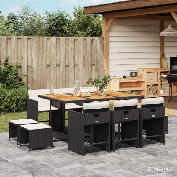 Ensemble � manger de jardin 11 pcs coussins noir r�sine tress�e