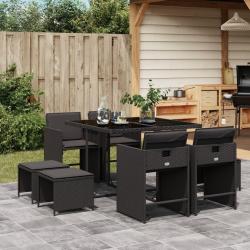 Ensemble &agrave; manger de jardin 9pcs coussins noir r&eacute;sine tress&eacute;e