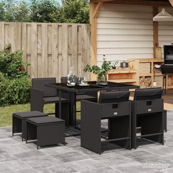 Ensemble � manger de jardin 9pcs coussins noir r�sine tress�e