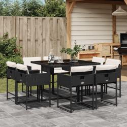 Ensemble &agrave; manger de jardin 9pcs coussins noir r&eacute;sine tress&eacute;e