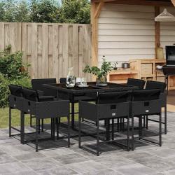 Ensemble &agrave; manger de jardin 9pcs coussins noir r&eacute;sine tress&eacute;e