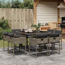 Ensemble &agrave; manger de jardin 9 pcs coussins gris r&eacute;sine tress&eacute;e