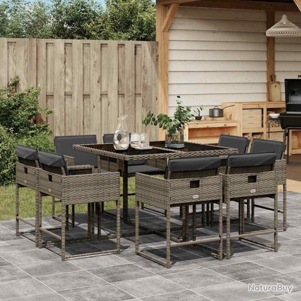 Ensemble � manger de jardin 9 pcs coussins gris r�sine tress�e