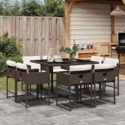 Ensemble &agrave; manger de jardin et coussins 9 pcs marron poly rotin
