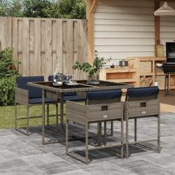 Ensemble &agrave; manger de jardin 5 pcs coussins gris r&eacute;sine tress&eacute;e