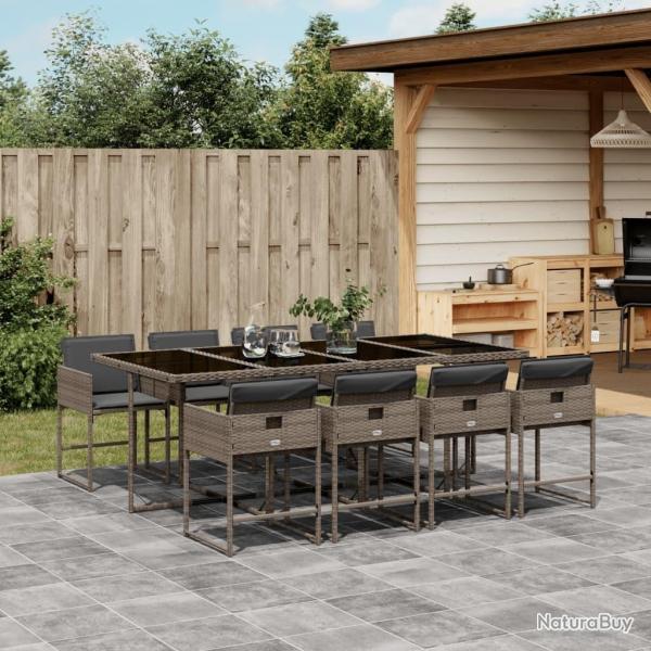 Ensemble � manger de jardin 9 pcs coussins gris r�sine tress�e