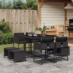 Ensemble &agrave; manger de jardin 9pcs coussins noir r&eacute;sine tress&eacute;e