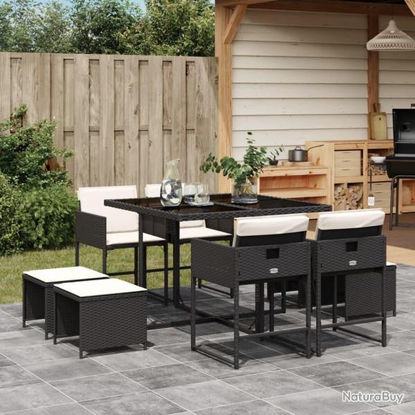 Ensemble � manger de jardin 9pcs coussins noir r�sine tress�e