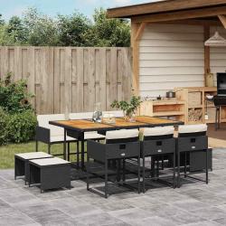 Ensemble &agrave; manger de jardin 11 pcs coussins noir r&eacute;sine tress&eacute;e