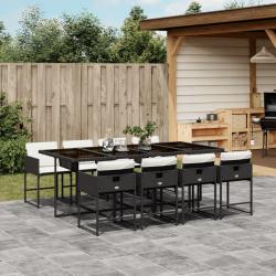 Ensemble &agrave; manger de jardin 9pcs coussins noir r&eacute;sine tress&eacute;e