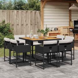 Ensemble &agrave; manger de jardin 9pcs coussins noir r&eacute;sine tress&eacute;e