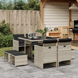Ensemble &agrave; manger de jardin et coussins 9 pcs gris clair rotin