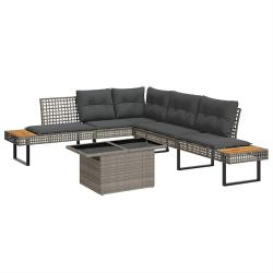 Salon de jardin avec coussins 2pcs gris r&eacute;sine tress&eacute;e et verre