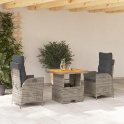 Ensemble &agrave; manger de jardin 3 pcs coussins gris r&eacute;sine tress&eacute;e