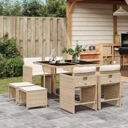 Ensemble &agrave; manger de jardin et coussins 9 pcs beige Poly rotin