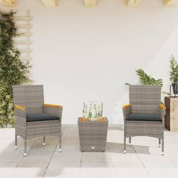 Ensemble de bistro avec coussins 3 pcs gris rotin et verre