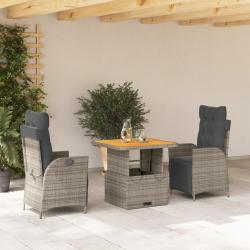 Ensemble &agrave; manger de jardin 3 pcs coussins gris r&eacute;sine tress&eacute;e