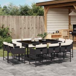 Ensemble &agrave; manger de jardin 11 pcs coussins noir r&eacute;sine tress&eacute;e
