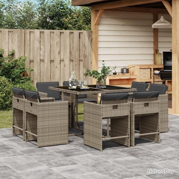 Ensemble � manger de jardin 9 pcs coussins gris r�sine tress�e
