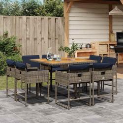 Ensemble &agrave; manger de jardin 9 pcs coussins gris r&eacute;sine tress&eacute;e