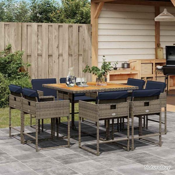 Ensemble � manger de jardin 9 pcs coussins gris r�sine tress�e