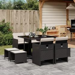 Ensemble &agrave; manger de jardin 9pcs coussins noir r&eacute;sine tress&eacute;e