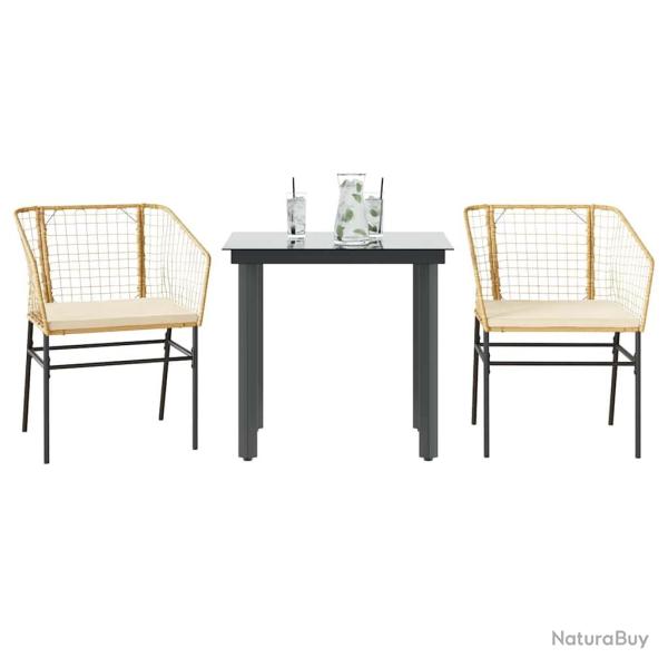 Ensemble � manger jardin coussins 3pcs marron poly rotin verre