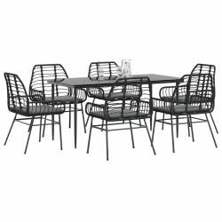 Ensemble &agrave; manger de jardin coussins 7pcs noir poly rotin verre
