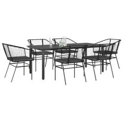 Ensemble &agrave; manger de jardin coussins 7pcs noir poly rotin verre