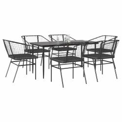 Ensemble &agrave; manger de jardin coussins 7pcs noir poly rotin verre