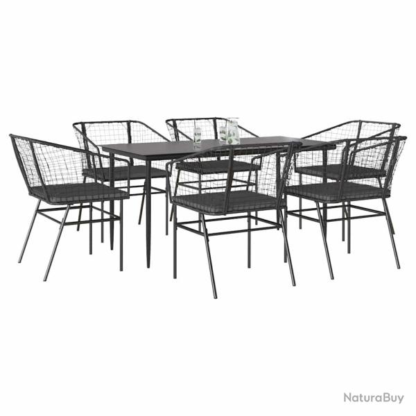 Ensemble � manger de jardin coussins 7pcs noir poly rotin verre