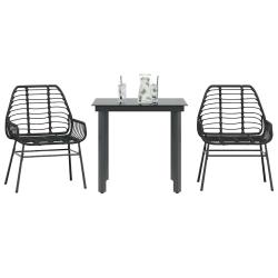 Ensemble &agrave; manger de jardin 3 pcs noir r&eacute;sine tress&eacute;e verre