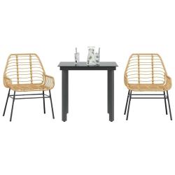 Ensemble &agrave; manger de jardin 3pcs marron r&eacute;sine tress&eacute;e verre