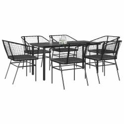 Ensemble &agrave; manger de jardin coussins 7pcs noir poly rotin verre