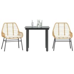 Ensemble &agrave; manger jardin coussins 3pcs marron poly rotin verre