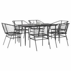 Ensemble &agrave; manger de jardin 7pcs noir poly rotin verre