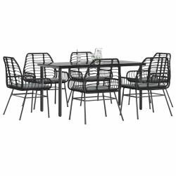 Ensemble &agrave; manger de jardin coussins 7pcs noir poly rotin verre