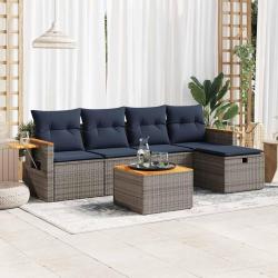 Salon de jardin 6 pcs avec coussins gris r&eacute;sine tress&eacute;e
