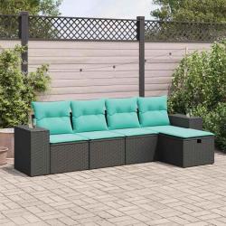 Salon de jardin 5 pcs avec coussins noir r&eacute;sine tress&eacute;e