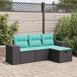Salon de jardin 4 pcs avec coussins noir r&eacute;sine tress&eacute;e